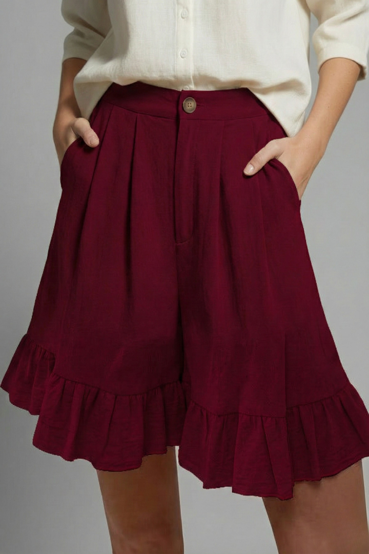 Women's High Waist Button Front Pleated Wide Leg Ruffle Flounce Hem Side Pocket Solid Casual Shorts