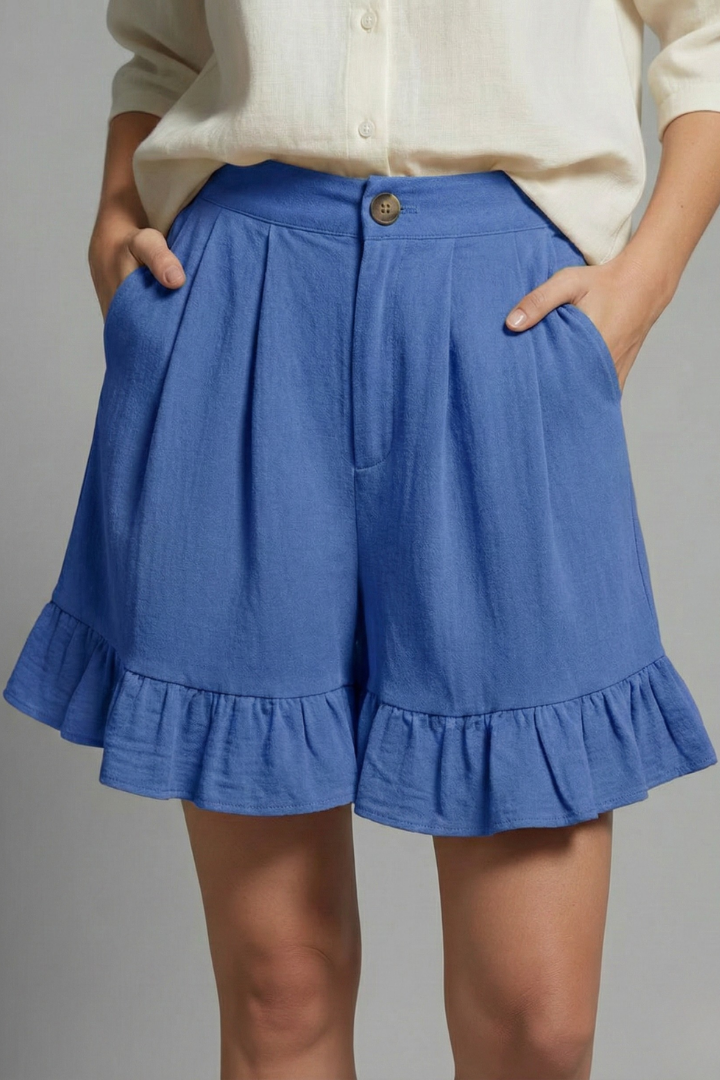 Women's High Waist Button Front Pleated Wide Leg Ruffle Flounce Hem Side Pocket Solid Casual Shorts