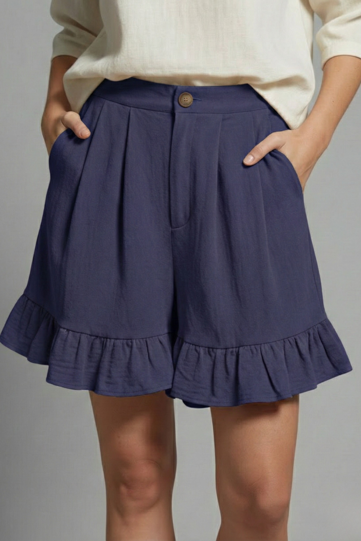 Women's High Waist Button Front Pleated Wide Leg Ruffle Flounce Hem Side Pocket Solid Casual Shorts
