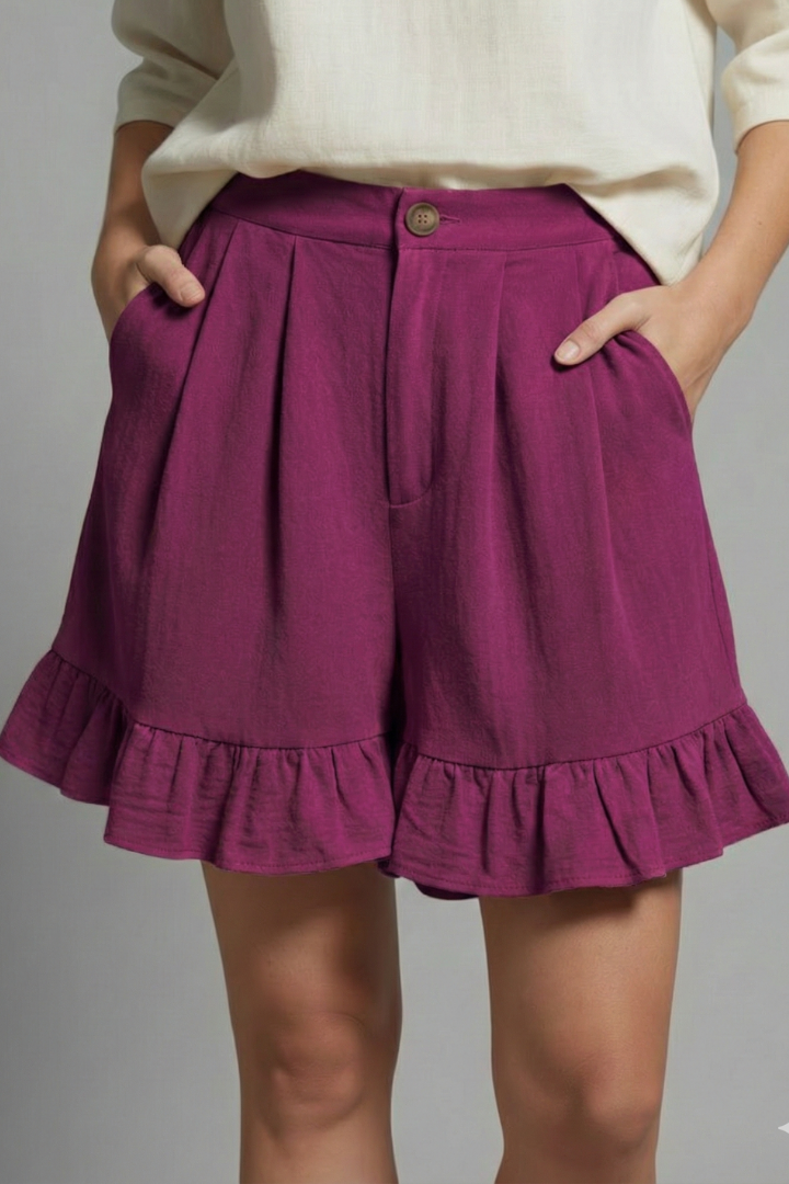 Women's High Waist Button Front Pleated Wide Leg Ruffle Flounce Hem Side Pocket Solid Casual Shorts