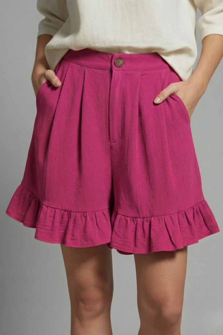 Women's High Waist Button Front Pleated Wide Leg Ruffle Flounce Hem Side Pocket Solid Casual Shorts