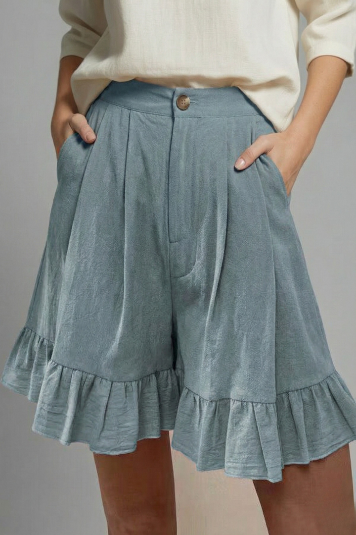 Women's High Waist Button Front Pleated Wide Leg Ruffle Flounce Hem Side Pocket Solid Casual Shorts