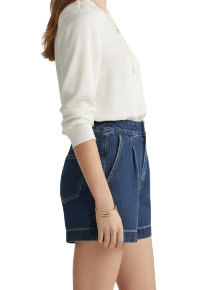 Women's High Waist Front Pleat Belt Loop Button Zip Fly Rolled Turn Up Hem Denim Shorts