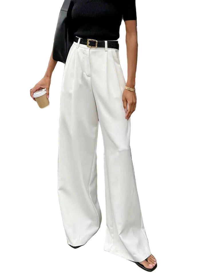 Women's High Waist Single Front Pleat Belt Loop Wide Leg Floor Length Tailored Solid Suit Style Pants
