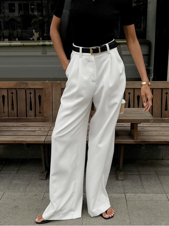 Women's High Waist Single Front Pleat Belt Loop Wide Leg Floor Length Tailored Solid Suit Style Pants