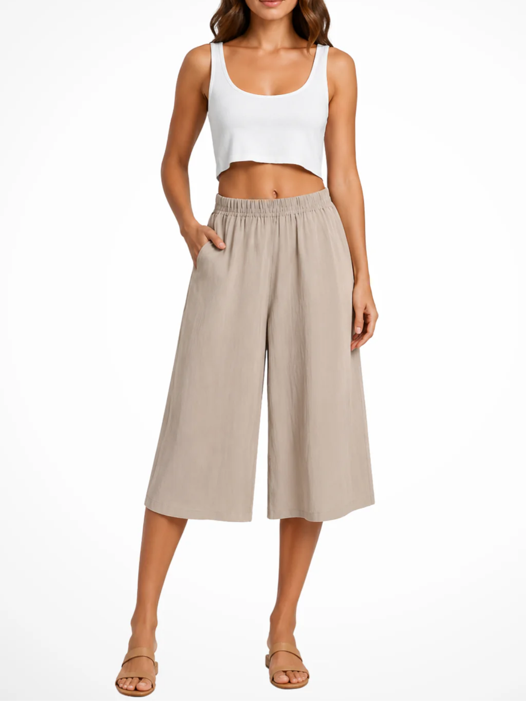 Women's High Waist Smocked Elastic Waistband Wide Leg Cropped Pants with Side Pockets