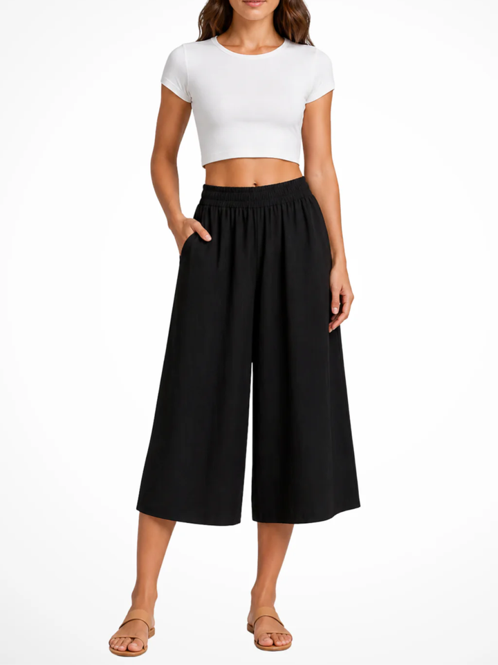 Women's High Waist Smocked Elastic Waistband Wide Leg Cropped Pants with Side Pockets