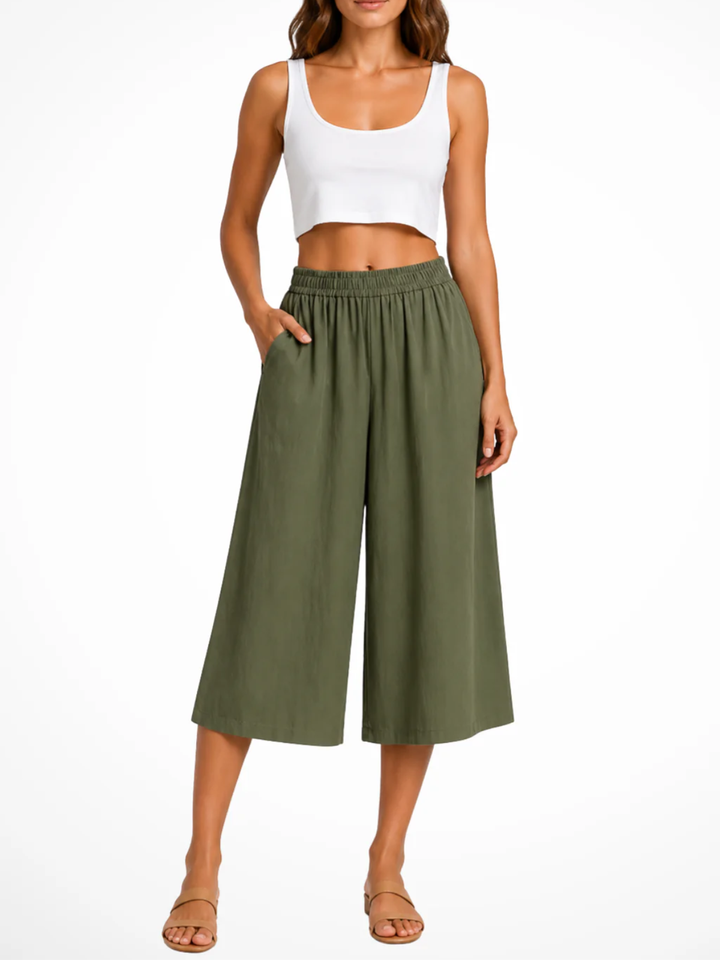 Women's High Waist Smocked Elastic Waistband Wide Leg Cropped Pants with Side Pockets