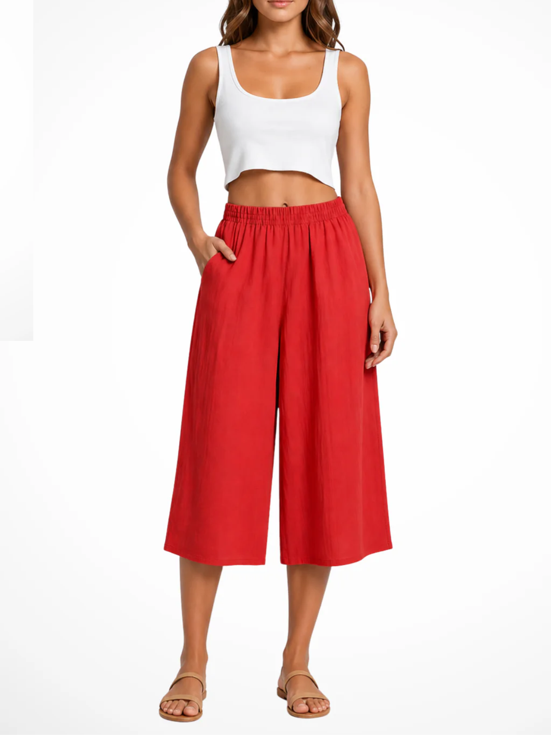 Women's High Waist Smocked Elastic Waistband Wide Leg Cropped Pants with Side Pockets