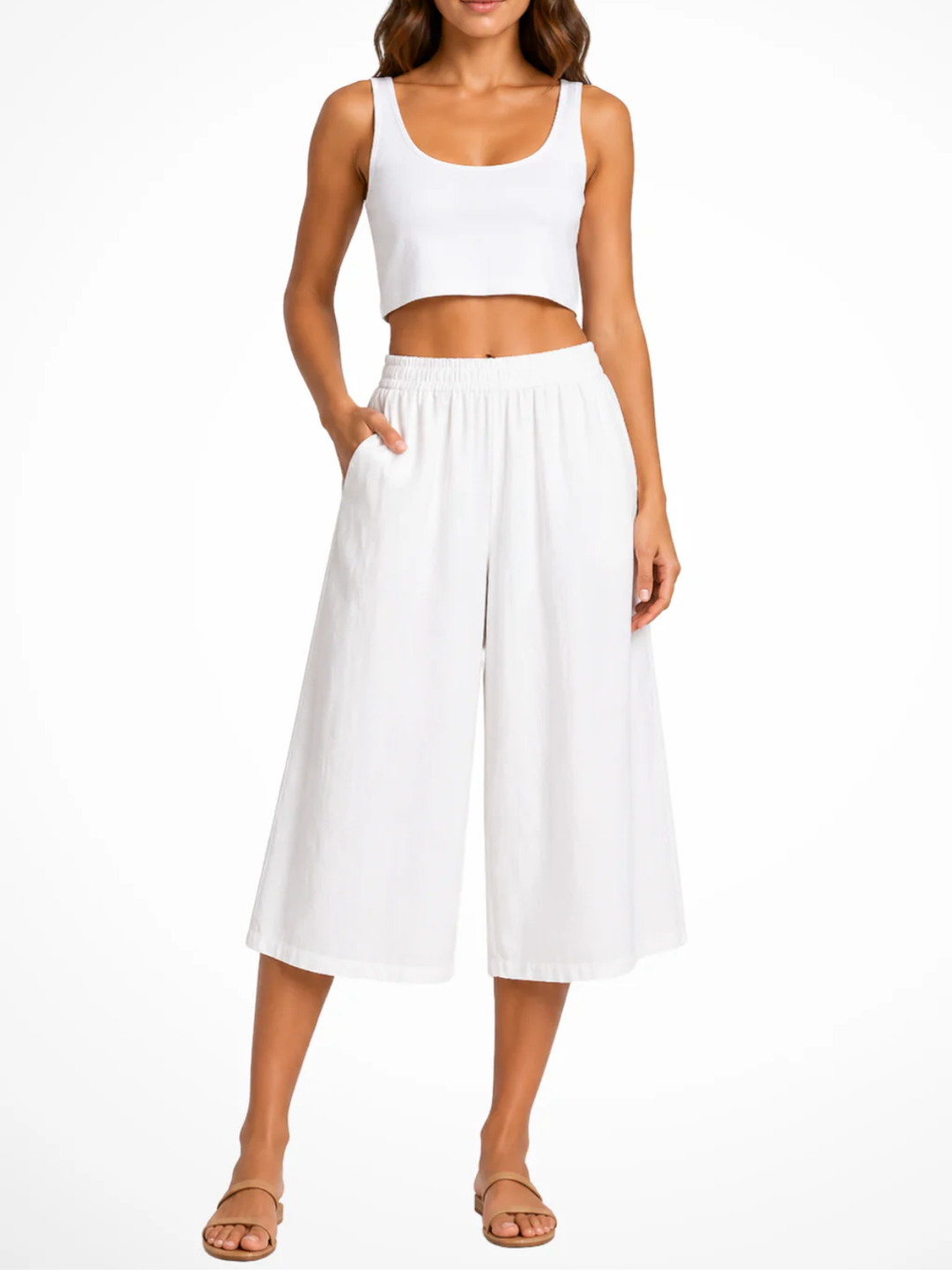 Women's High Waist Smocked Elastic Waistband Wide Leg Cropped Pants with Side Pockets