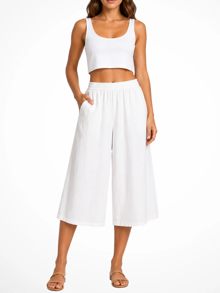 Women's High Waist Smocked Elastic Waistband Wide Leg Cropped Pants with Side Pockets