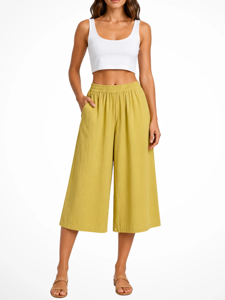 Women's High Waist Smocked Elastic Waistband Wide Leg Cropped Pants with Side Pockets
