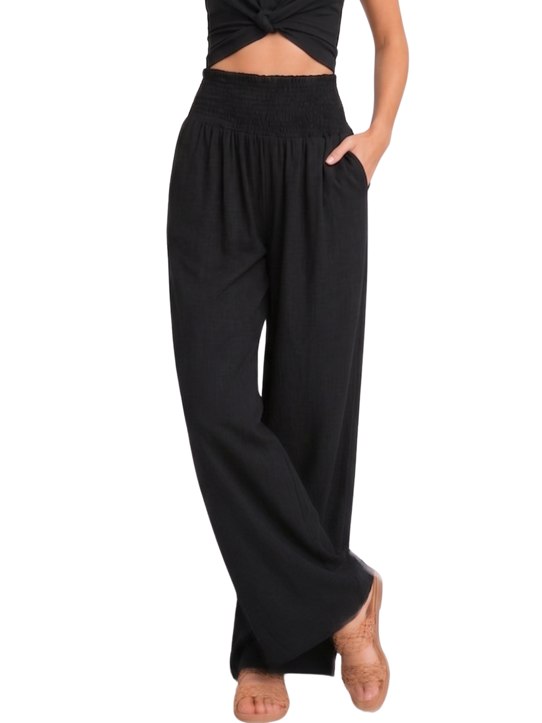 Women's High Waist Smocked Elastic Waistband Wide Leg Palazzo Pants with Soft Front Pleating and Full Length Hem