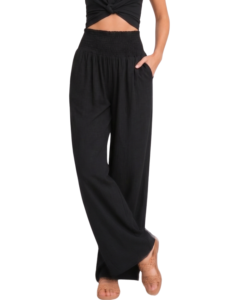 Women's High Waist Smocked Elastic Waistband Wide Leg Palazzo Pants with Soft Front Pleating and Full Length Hem