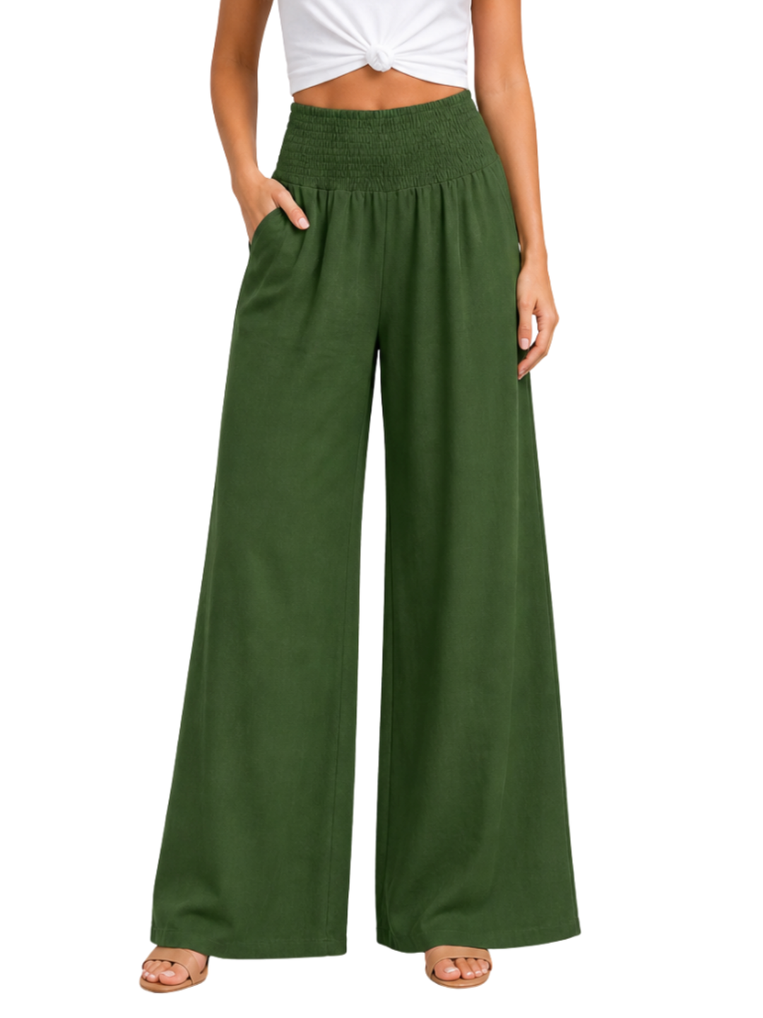 Women's High Waist Smocked Elastic Waistband Wide Leg Palazzo Pants with Soft Front Pleating and Full Length Hem