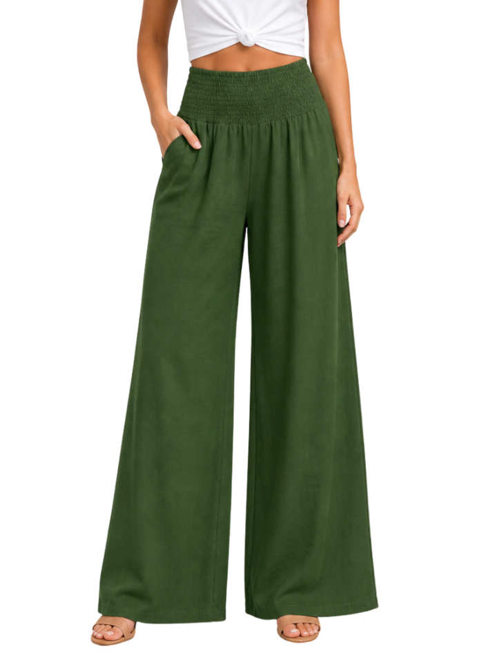Women's High Waist Smocked Elastic Waistband Wide Leg Palazzo Pants with Soft Front Pleating and Full Length Hem