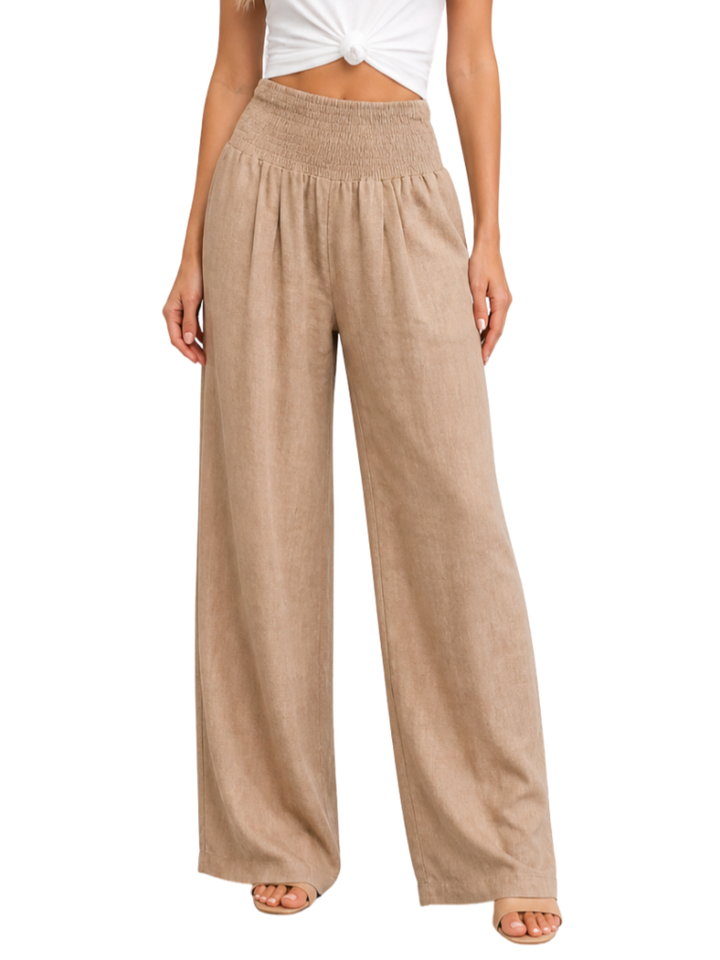 Women's High Waist Smocked Elastic Waistband Wide Leg Palazzo Pants with Soft Front Pleating and Full Length Hem