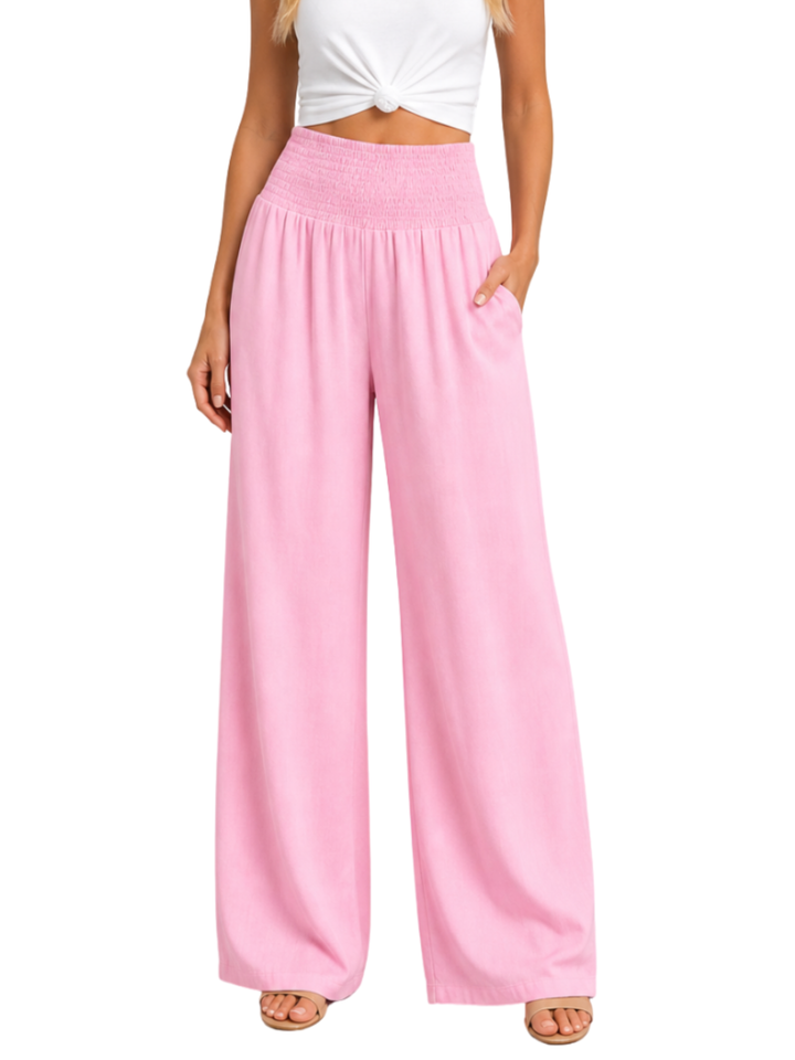 Women's High Waist Smocked Elastic Waistband Wide Leg Palazzo Pants with Soft Front Pleating and Full Length Hem