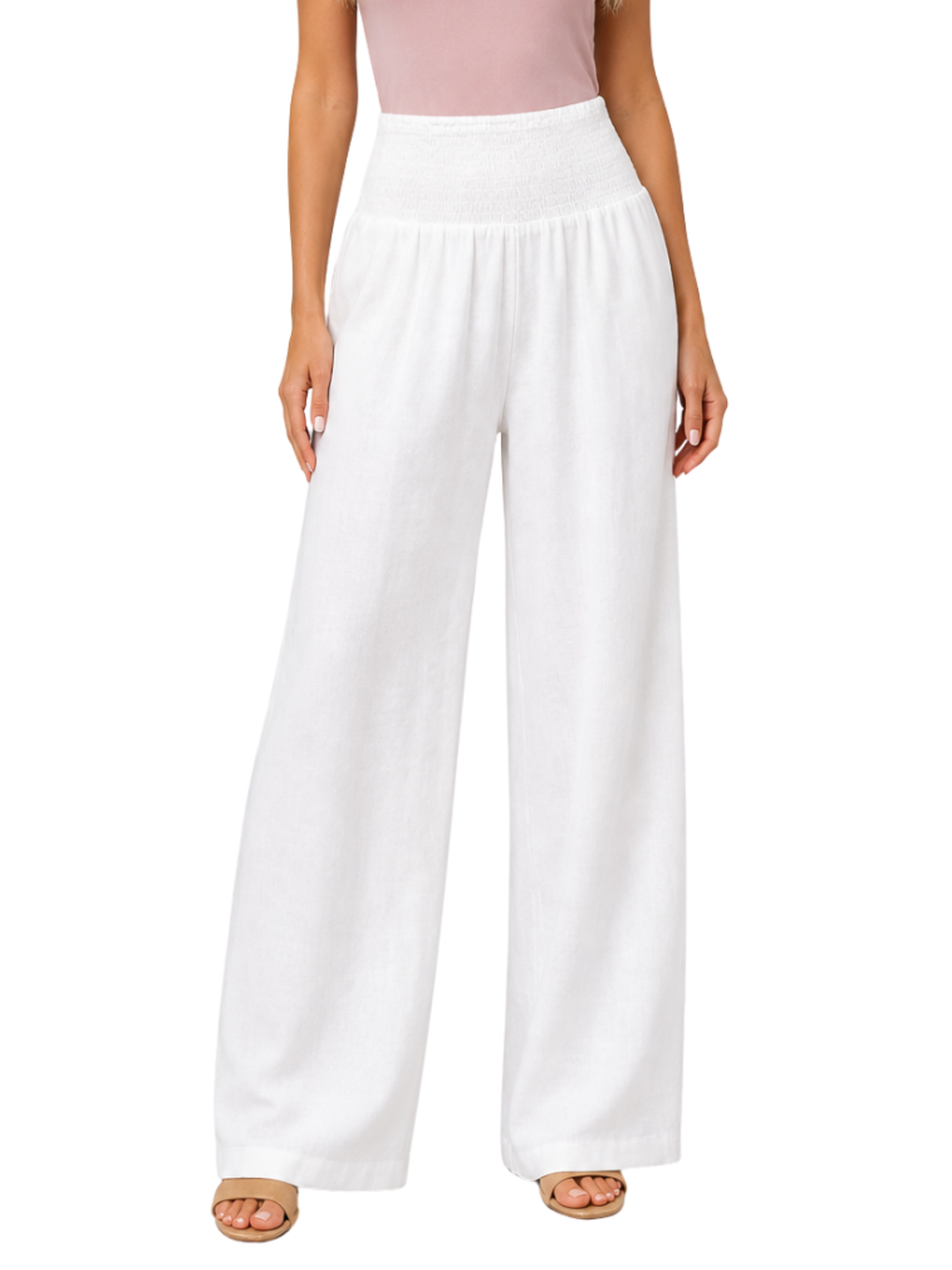 Women's High Waist Smocked Elastic Waistband Wide Leg Palazzo Pants with Soft Front Pleating and Full Length Hem