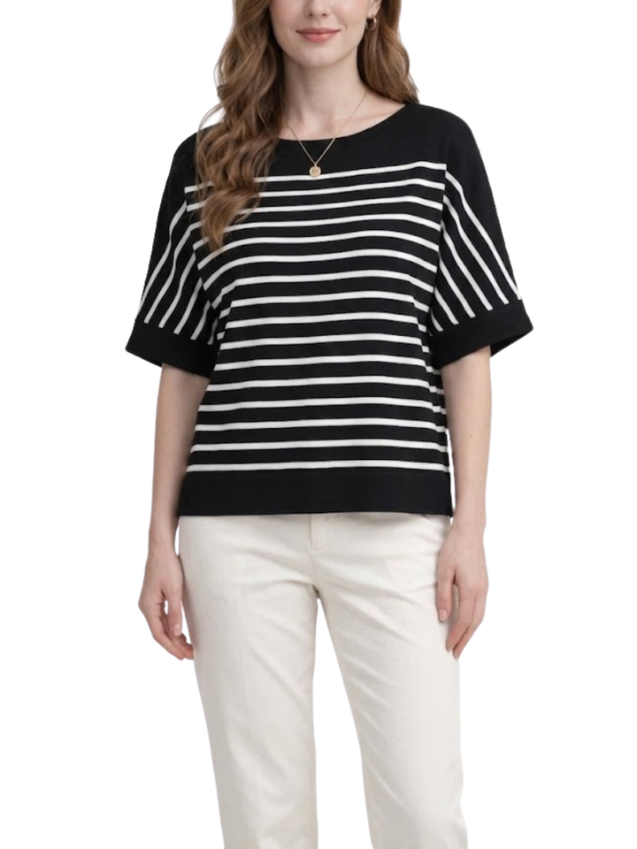 Women's Horizontal Stripe Diagonal Sleeve Short Turned Back Cuff Round Neck Boxy Oversized Structured Ribbed Band Hem Top
