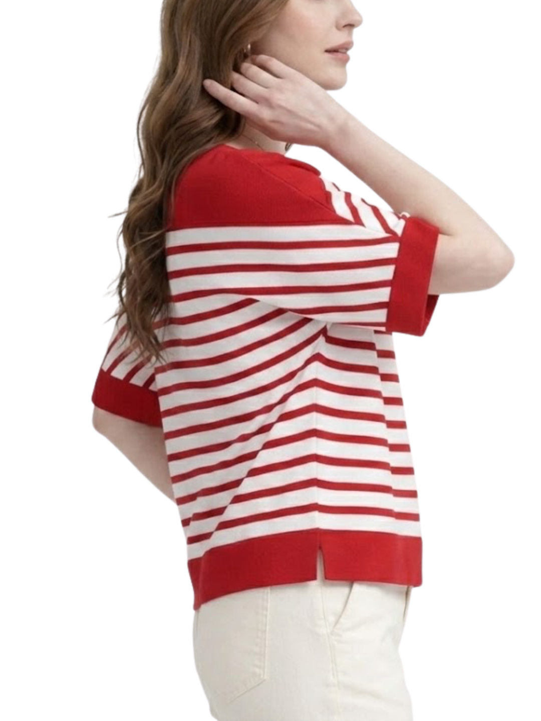 Women's Horizontal Stripe Diagonal Sleeve Short Turned Back Cuff Round Neck Boxy Oversized Structured Ribbed Band Hem Top