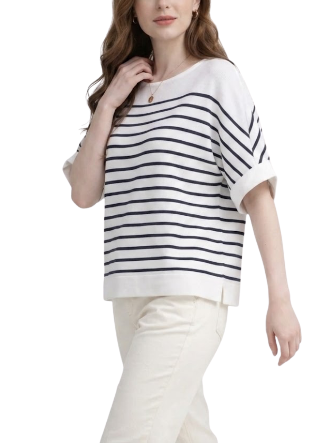Women's Horizontal Stripe Diagonal Sleeve Short Turned Back Cuff Round Neck Boxy Oversized Structured Ribbed Band Hem Top