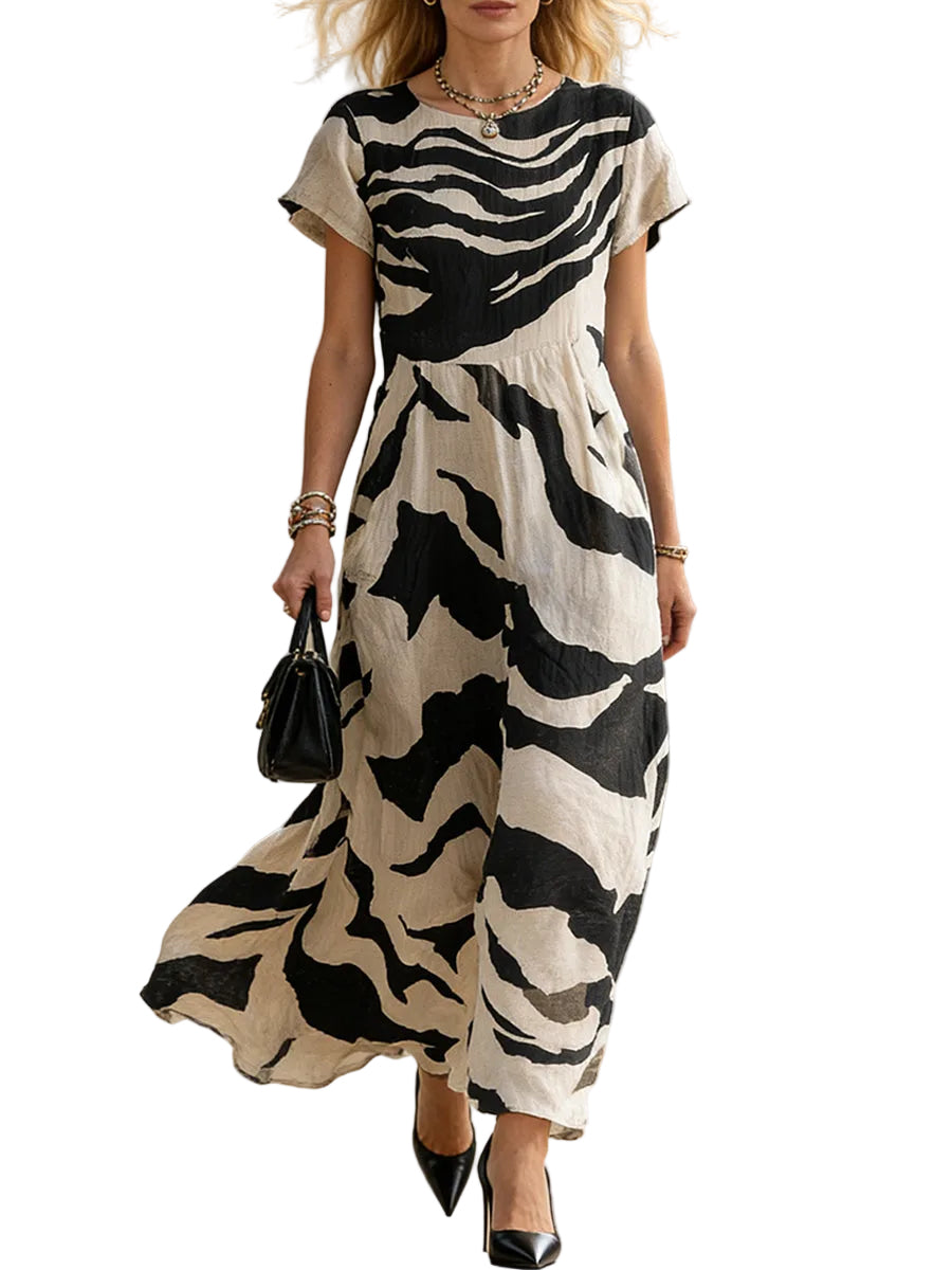 Women's Large Scale Abstract Zebra Print Short Sleeve Round Crew Neck Gathered Waist Seam Loose Fit Flowy Midi Dress Animal Print Dress