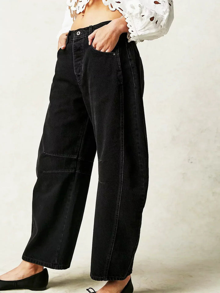 Women's Leopard Print Low Rise Barrel Wide Leg Jeans Front Pockets Button Zip Fly Panel Seam Cropped Ankle Pants Wide Leg Pants