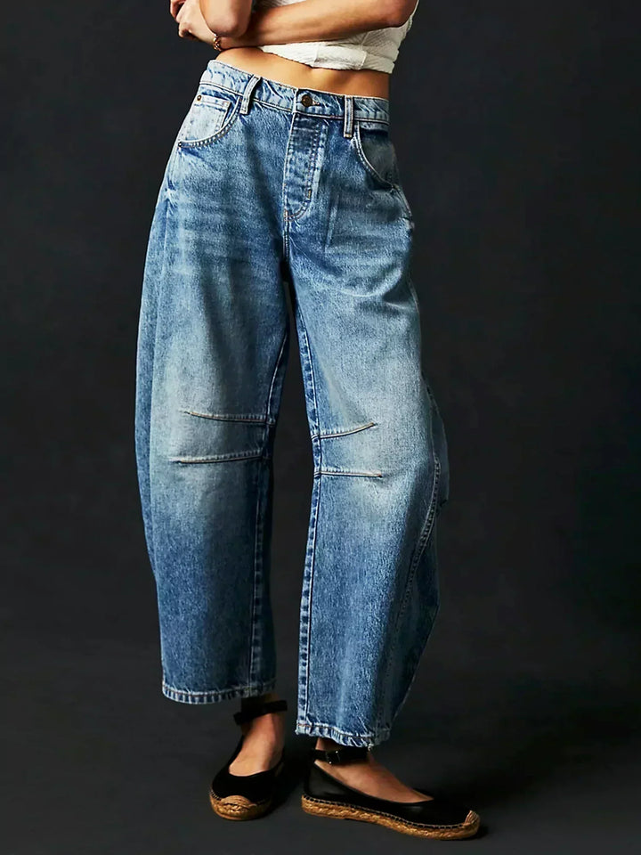 Women's Leopard Print Low Rise Barrel Wide Leg Jeans Front Pockets Button Zip Fly Panel Seam Cropped Ankle Pants Wide Leg Pants