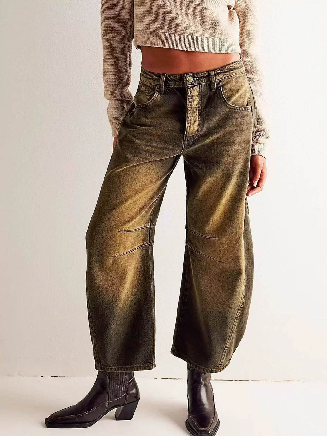 Women's Leopard Print Low Rise Barrel Wide Leg Jeans Front Pockets Button Zip Fly Panel Seam Cropped Ankle Pants Wide Leg Pants
