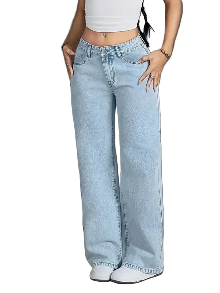 Women's Light Wash Low Rise Wide Straight Leg Jeans Front Slash Pockets Button Zip Fly Full Length Pants Women's Wide Leg Jeans