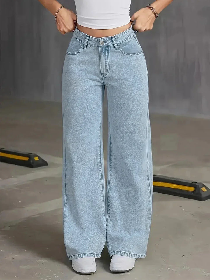 Women's Light Wash Low Rise Wide Straight Leg Jeans Front Slash Pockets Button Zip Fly Full Length Pants Women's Wide Leg Jeans