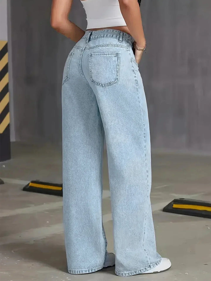 Women's Light Wash Low Rise Wide Straight Leg Jeans Front Slash Pockets Button Zip Fly Full Length Pants Women's Wide Leg Jeans