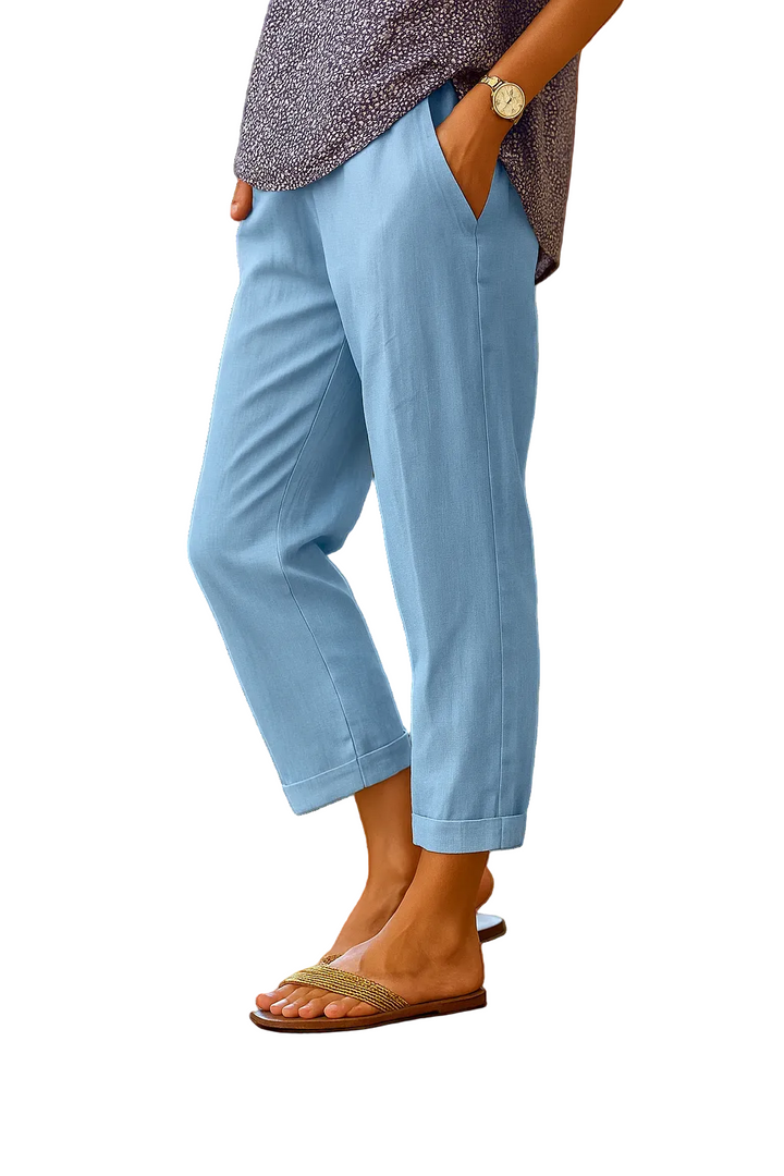 Women's Linen Blend Cropped Straight Leg Trousers with Turn-Up Cuffs