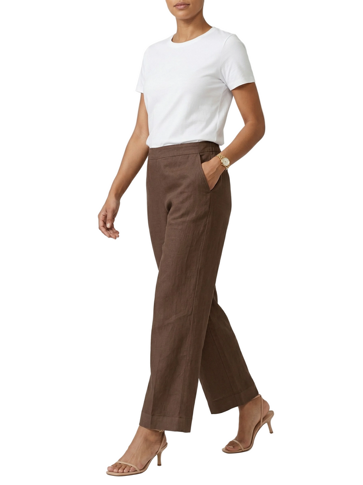 Women's Linen Blend Cropped Straight Leg Trousers with Turn-Up Cuffs