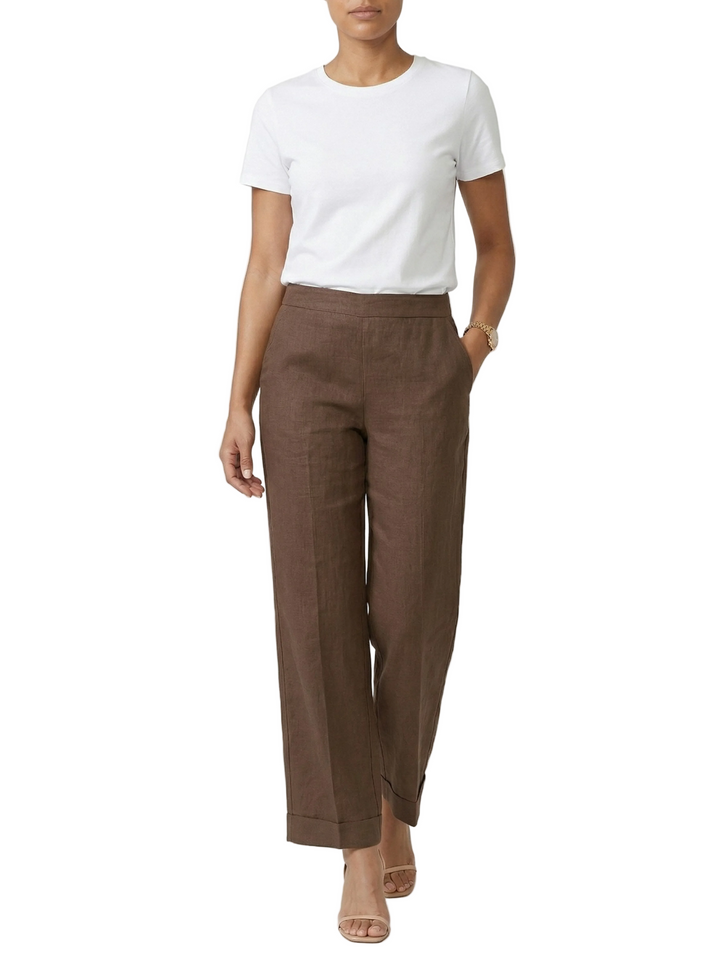 Women's Linen Blend Cropped Straight Leg Trousers with Turn-Up Cuffs