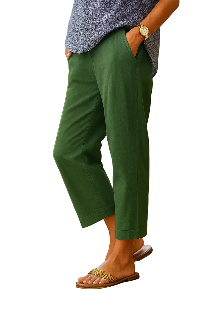 Women's Linen Blend Cropped Straight Leg Trousers with Turn-Up Cuffs