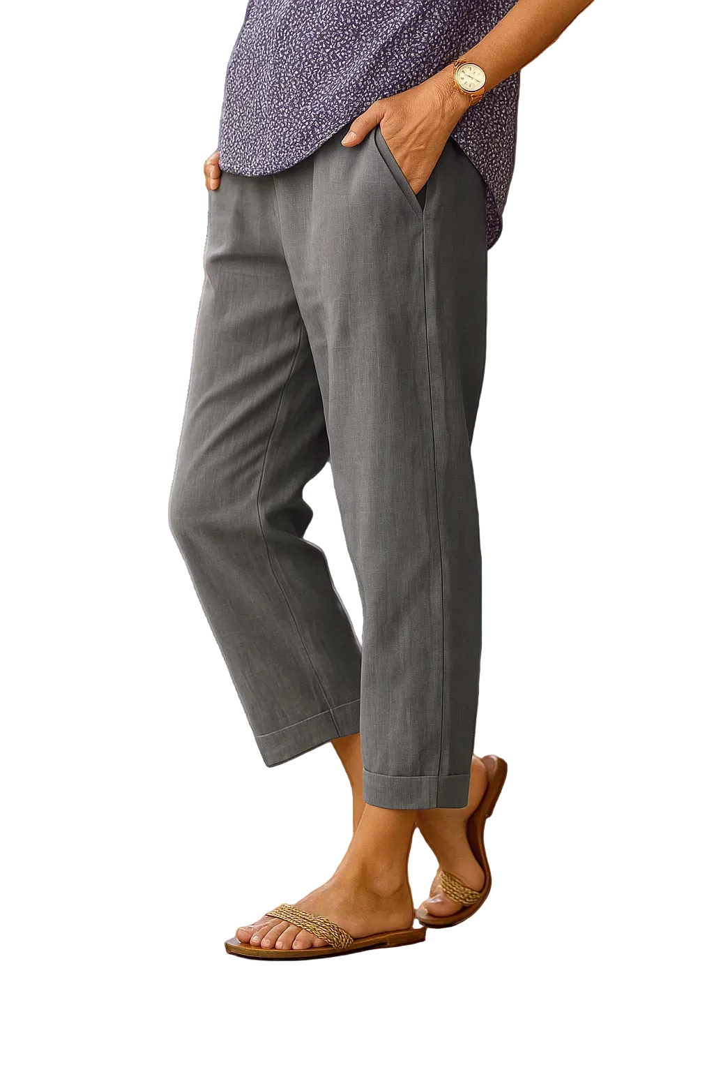 Women's Linen Blend Cropped Straight Leg Trousers with Turn-Up Cuffs