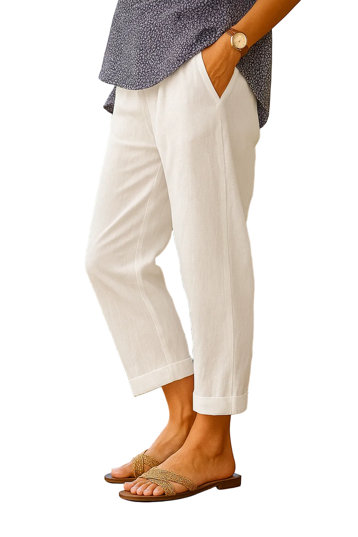 Women's Linen Blend Cropped Straight Leg Trousers with Turn-Up Cuffs