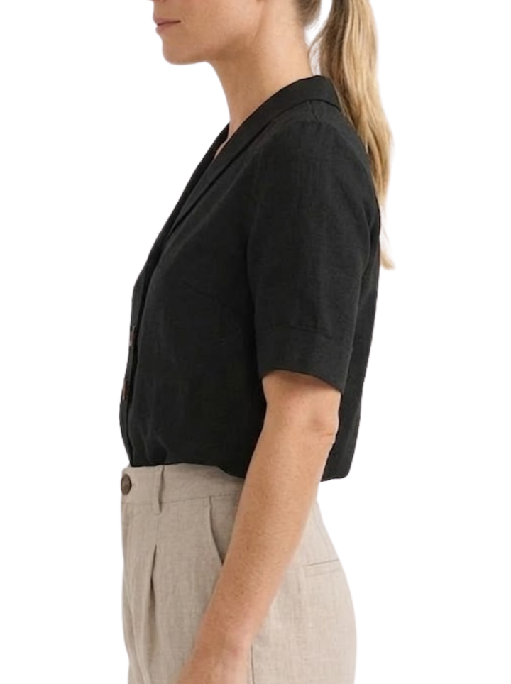Women's Linen Blend Shawl Collar V-Neck Short Sleeve Full Button Front Loose Fit Blouse