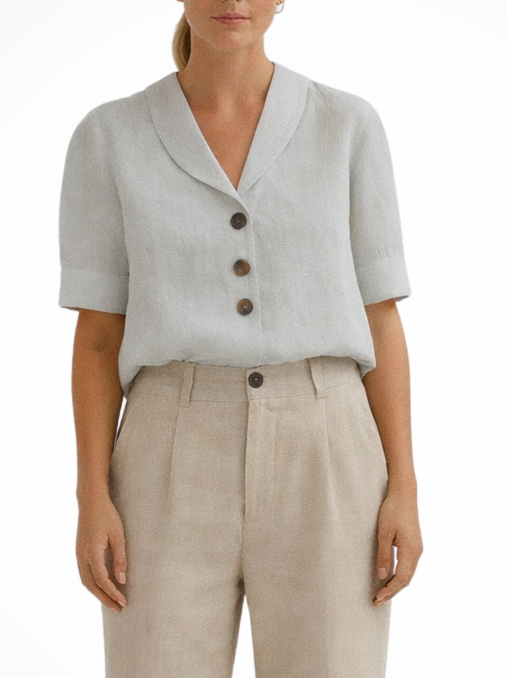 Women's Linen Blend Shawl Collar V-Neck Short Sleeve Full Button Front Loose Fit Blouse