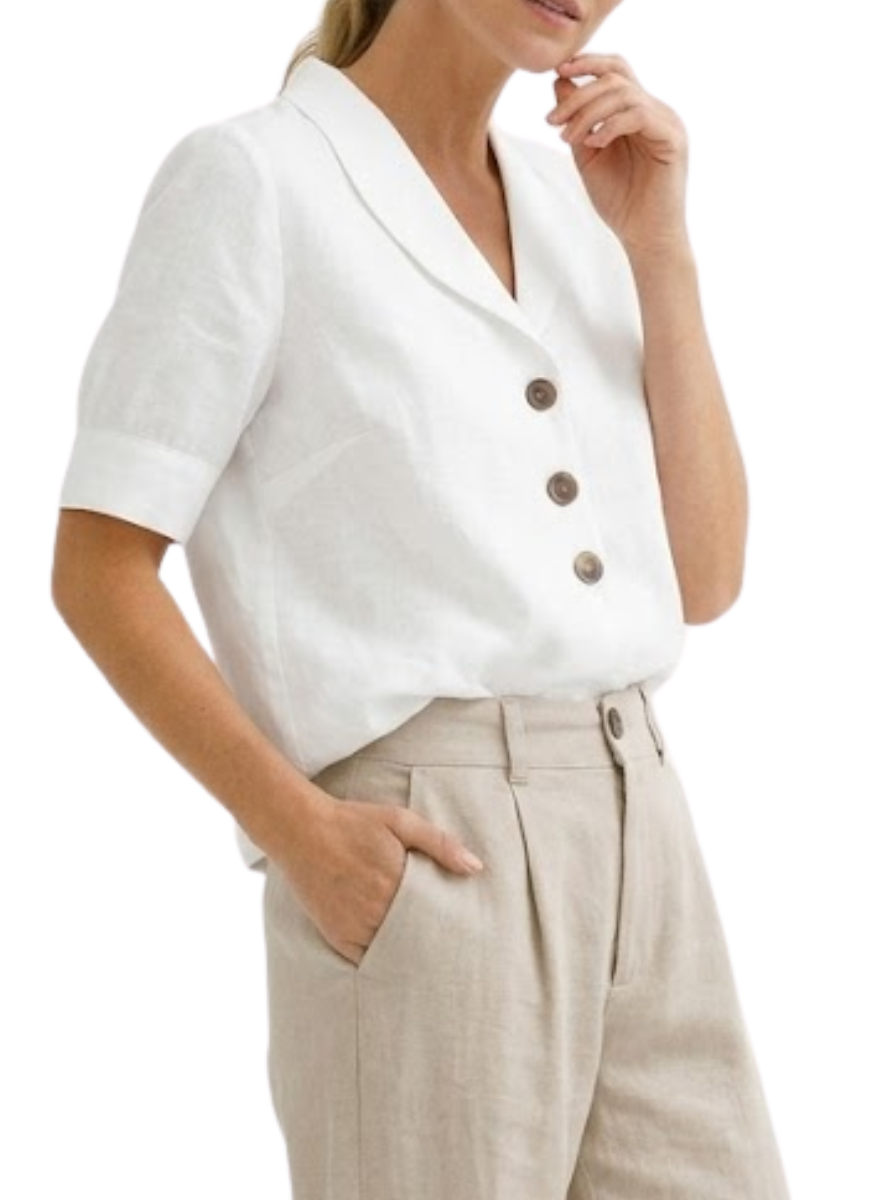 Women's Linen Blend Shawl Collar V-Neck Short Sleeve Full Button Front Loose Fit Blouse