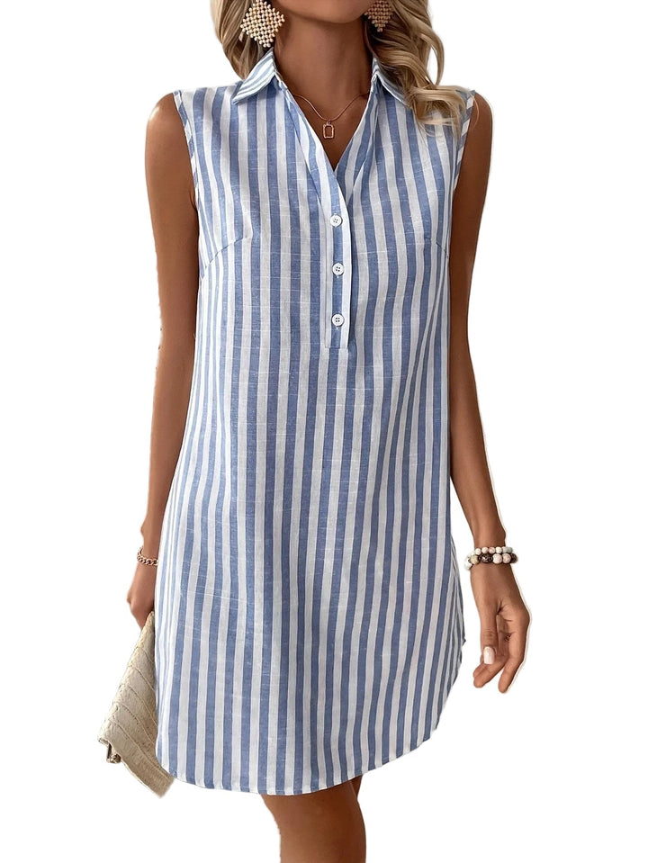 Women's Linen Look Vertical Stripe Point Collar Sleeveless Half Button Placket Shift Mini Dress
