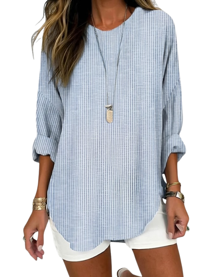 Women's Linen Textured Fine Vertical Stripe Long Roll-Tab Sleeve Round Neck Curved Hem Relaxed Fit Blouse