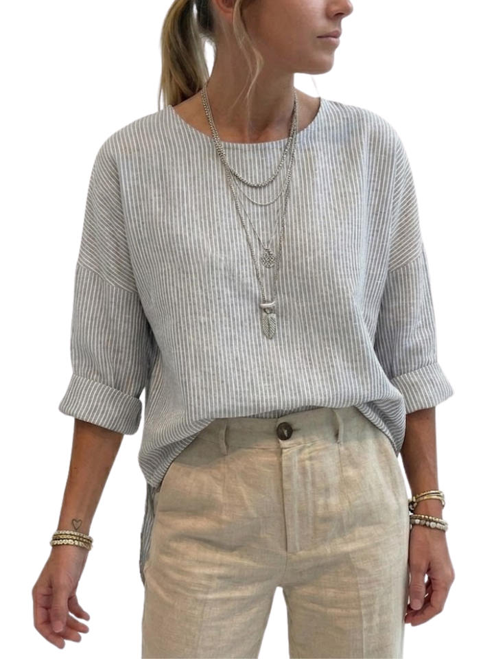 Women's Linen Textured Fine Vertical Stripe Long Roll-Tab Sleeve Round Neck Curved Hem Relaxed Fit Blouse