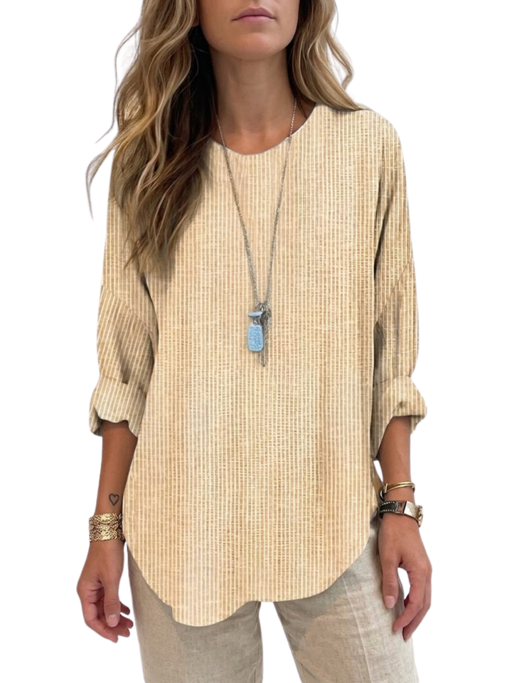 Women's Linen Textured Fine Vertical Stripe Long Roll-Tab Sleeve Round Neck Curved Hem Relaxed Fit Blouse