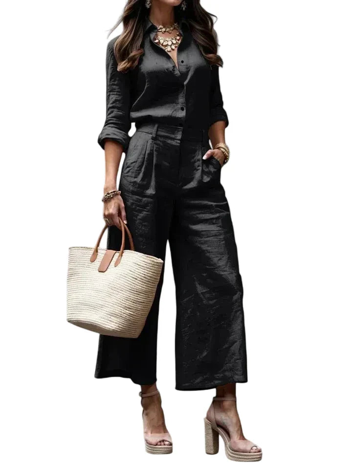 Women's Long Sleeve Button Front Collared Shirt Double Pleat High Waist Wide Leg Cropped Pants Two Piece Matching Set