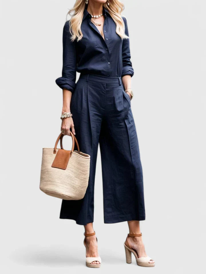 Women's Long Sleeve Button Front Collared Shirt Double Pleat High Waist Wide Leg Cropped Pants Two Piece Matching Set