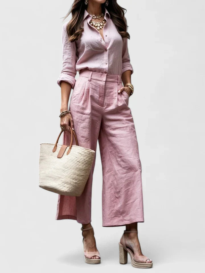 Women's Long Sleeve Button Front Collared Shirt Double Pleat High Waist Wide Leg Cropped Pants Two Piece Matching Set