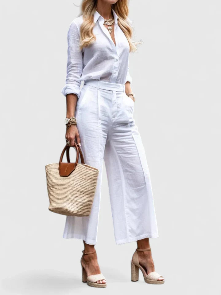 Women's Long Sleeve Button Front Collared Shirt Double Pleat High Waist Wide Leg Cropped Pants Two Piece Matching Set